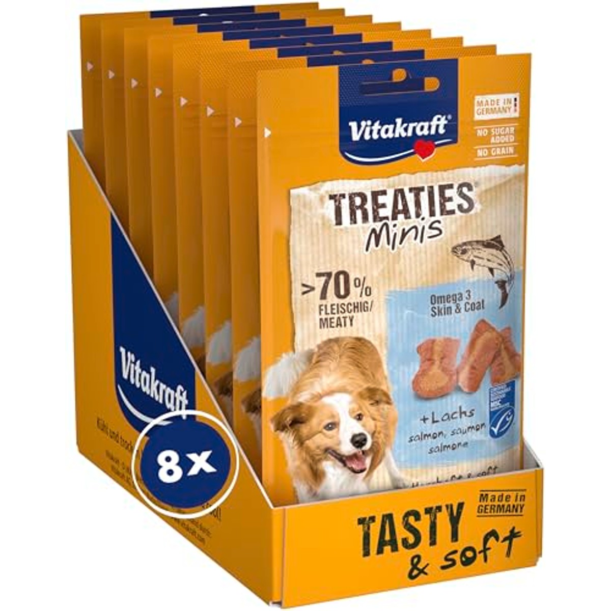 Vitakraft Treaties Minis, zachte hondensnack gevuld met zalm, met Omega 3, hondentrainingstraktaties (8 x 48 g) – Vitakraft