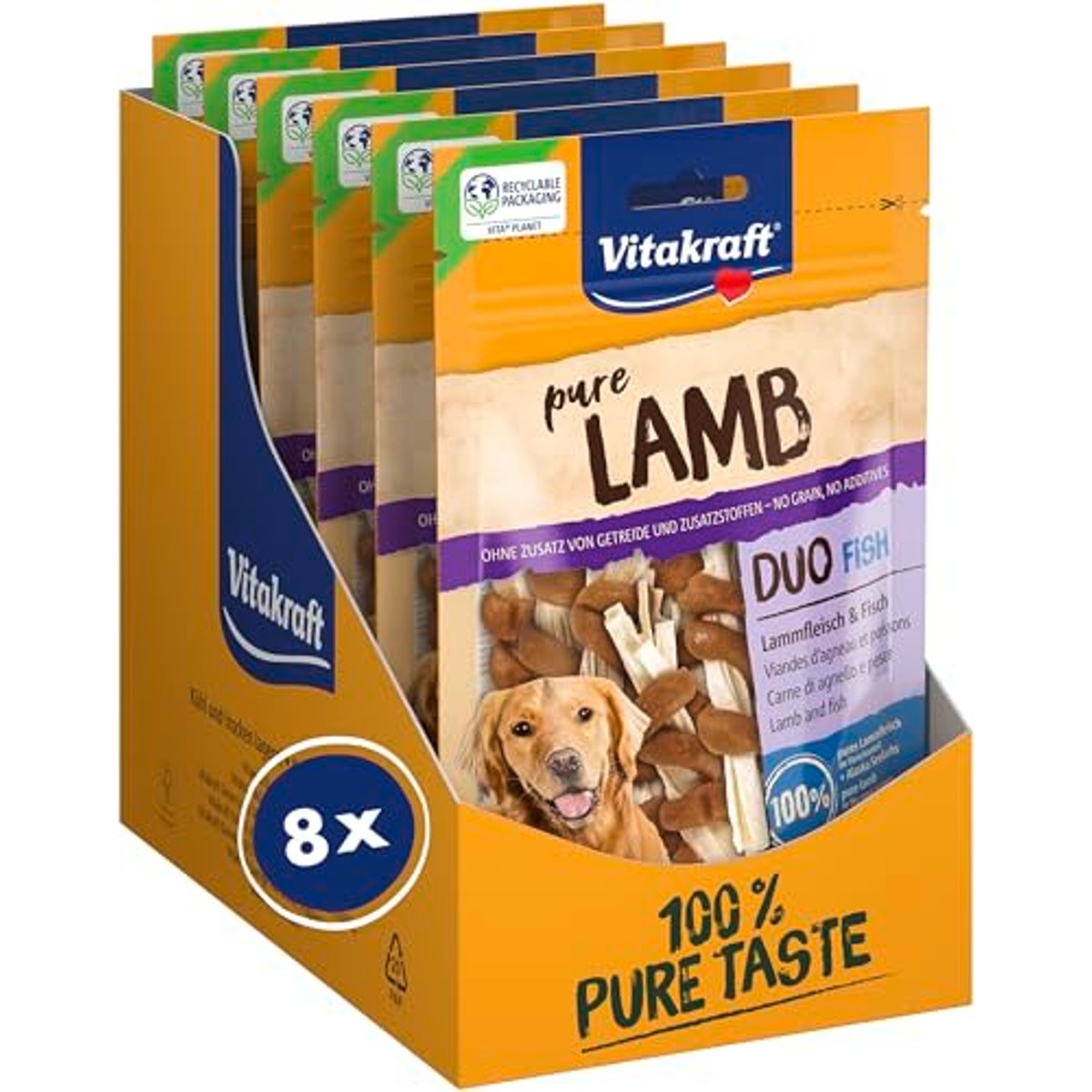 Vitakraft Pure Lamb Duo Fish, hondenlekkernijen, lamsvlees en vis, hondentrainingslekkernijen, zonder toevoeging van suiker (8 x 80 g) – Vitakraft