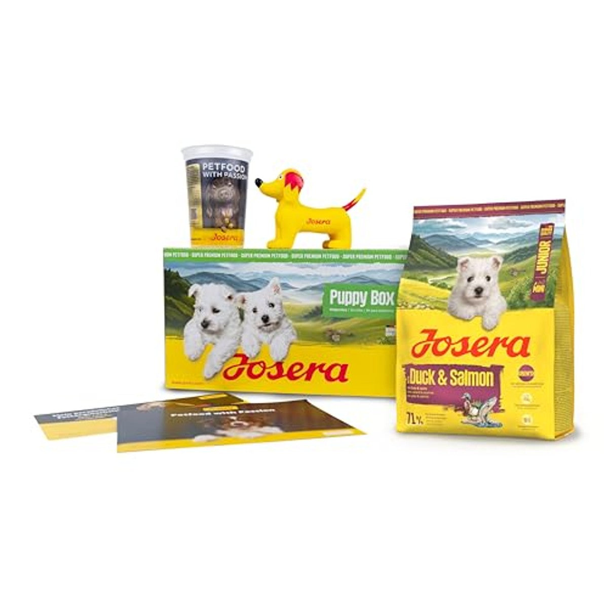JOSERA Puppy Box | Mini Junior eend & zalm (6-delig) voor hondenpuppy's | Welkomstpakket met graanvrij droogvoer, speelgoed en maatbeker, voor puppy's van kleine rassen vanaf de 6e Week van het leven – Josera