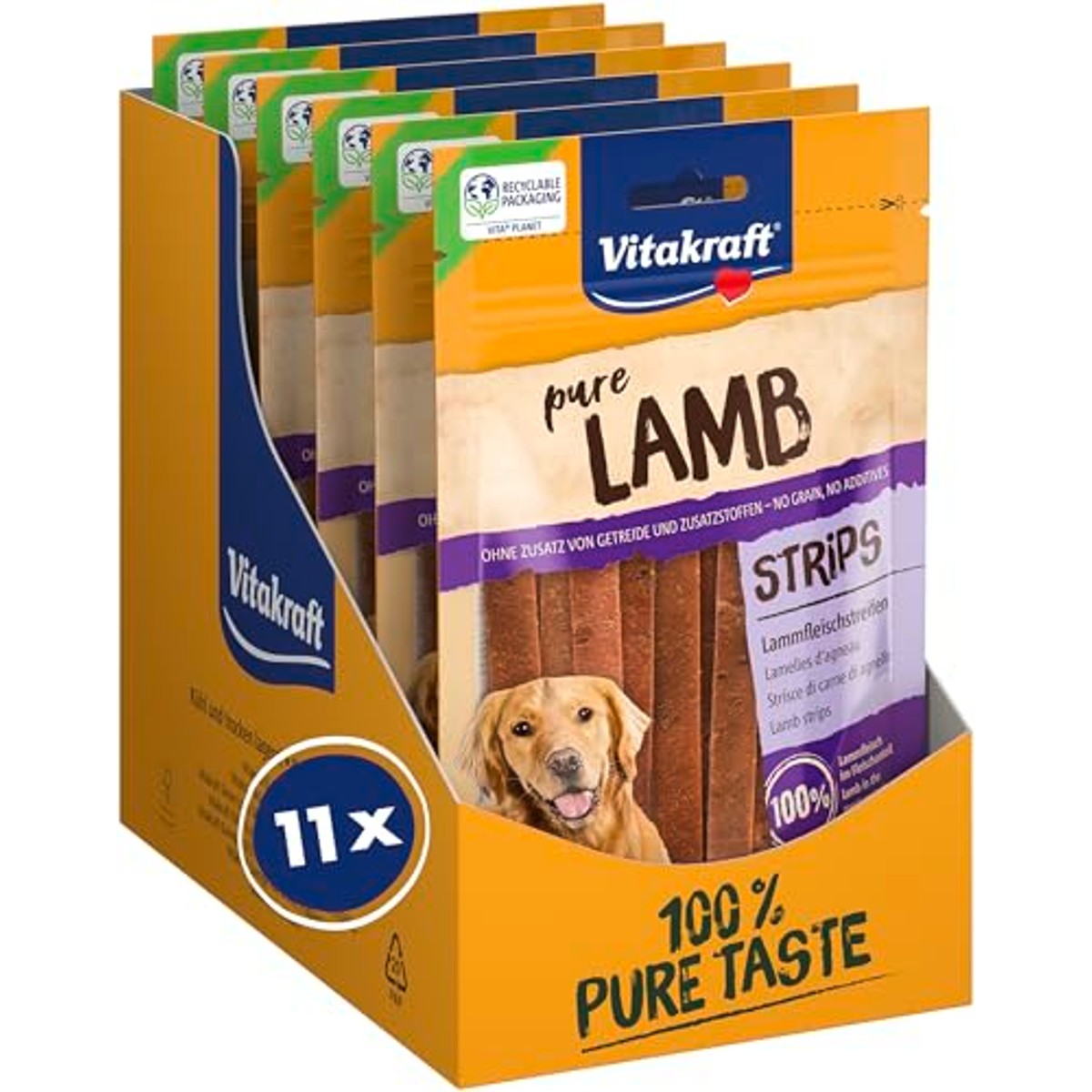 Vitakraft Pure Lamb Strips, hondenlekkernijen, lamsvleestreepjes, hondentrainingstraktaties, zonder toegevoegde suiker (11 x 80 g) – Vitakraft