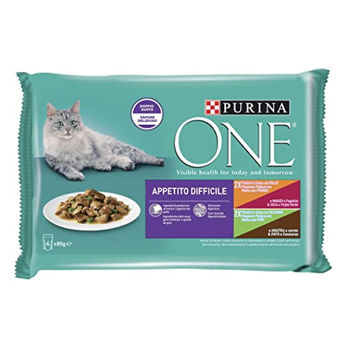 PURINA ONE Natvoer voor volwassen katten met kip, rundvlees en groene bonen, kalkoen, eend en wortelen, 48 zakjes à 85 g – PURINA ONE