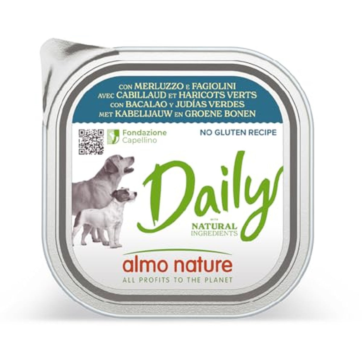 Almo Nature Daily Natvoer voor volwassenen, honden met kabeljauw en tuinbonen, aluminium schaal, 300 g – almo nature