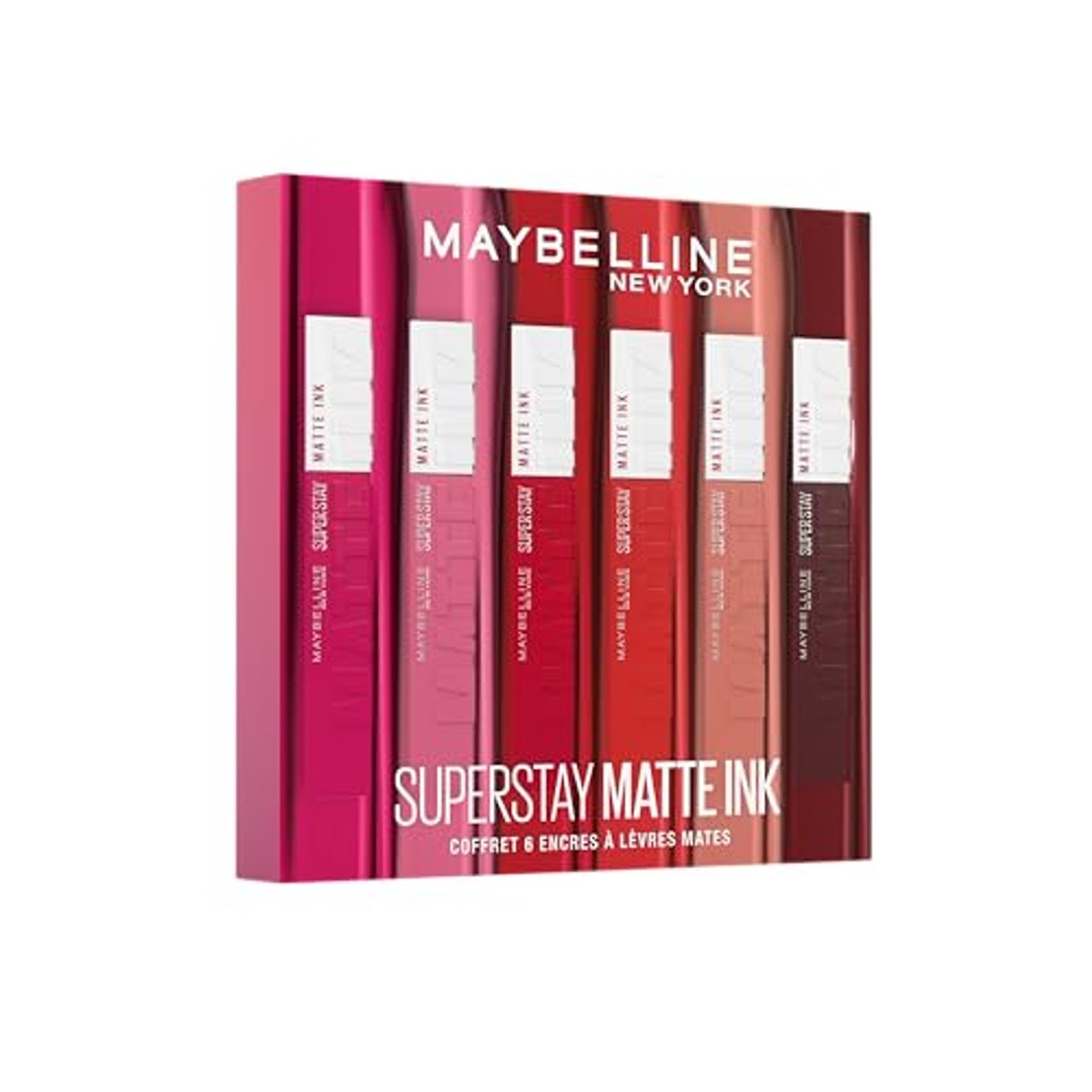 Maybelline New York - Set van 6 vloeibare lippenstiften, langdurig, Superstay Matte Ink - Kleuren: Lover (15)/Seductress (65)/Artist (120)/Dancer (118)/Pioneer (20)/Voyager (50), 6 stuks (1 stuk) – MAYBELLINE