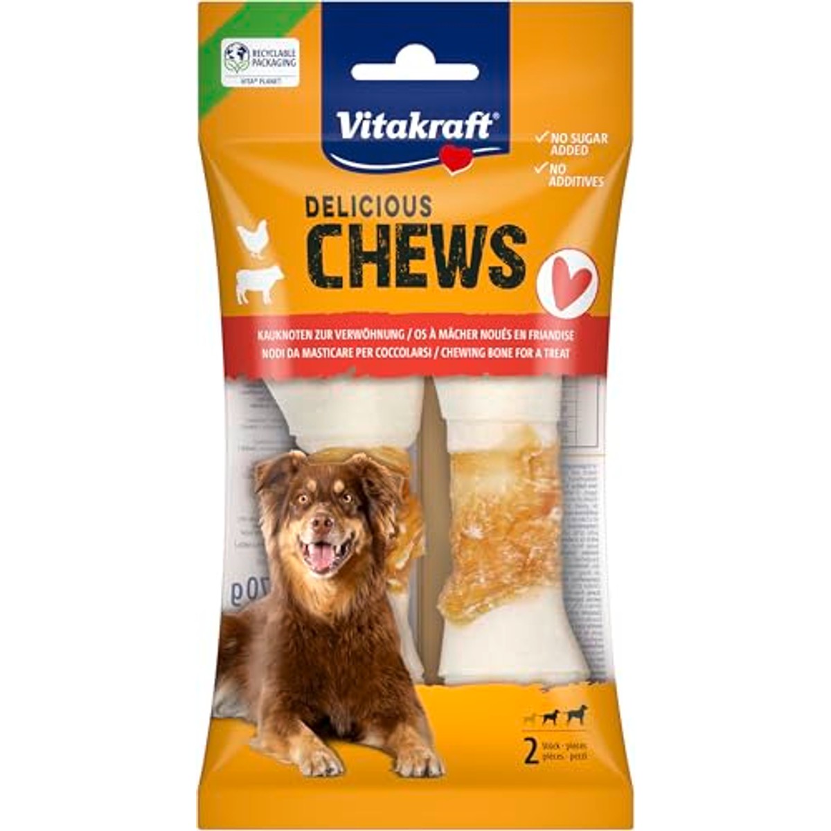 Vitakraft Chews, hondensnack, kauwknopen ter beloning, van gedroogde runderhuid, omwikkeld met mager kippenvlees, vetarm, voor middelgrote honden (1 x 2 stuks) – Vitakraft