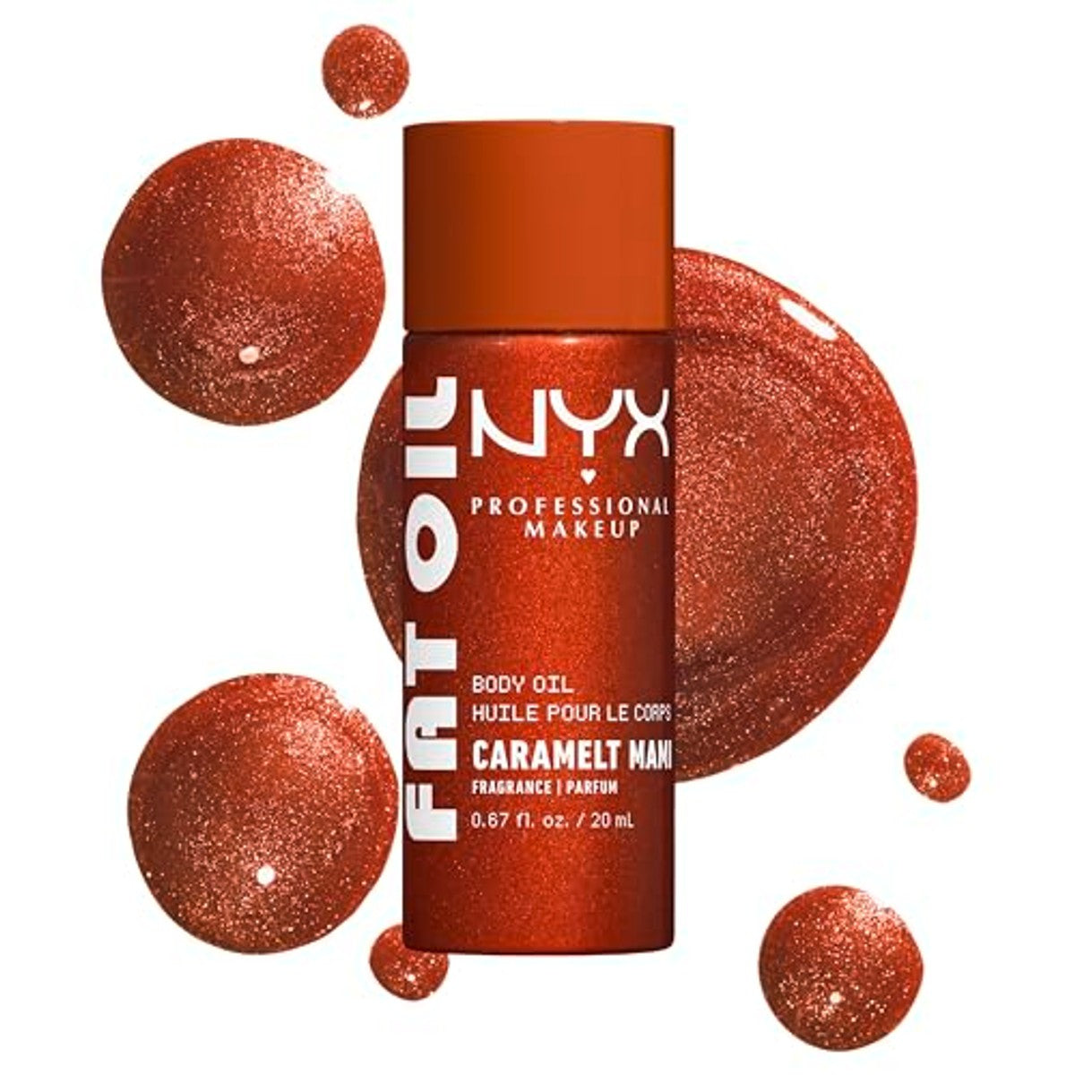 NYX Professional Makeup, Fat Oil Body Oil, vochtinbrengende verzorging met intensieve glans met avocado-olie en vitamine E, lichte, glanzende afwerking, 24 uur vocht, veganistische formule, caramel | Mini-lichaamsolie verzorgt de huid, in – NYX PROFESSIONAL MAKEUP