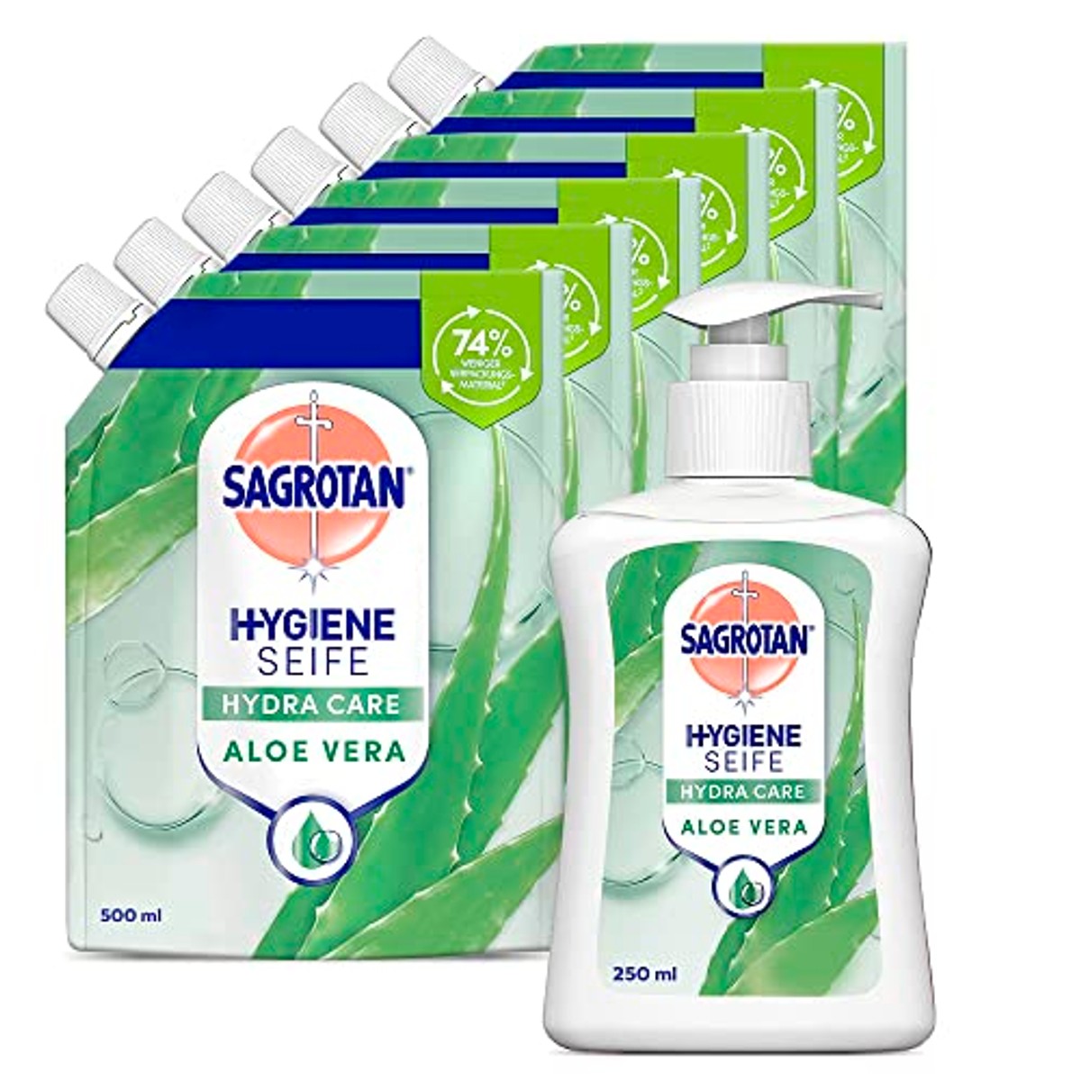 Sagrotan Set met antibacteriële vloeibare zeep, set met Sagrotan handzeep aloë vera (1 x 250 ml) en Sagrotan handzeep navulling aloë vera (6 x 500 ml) – Sagrotan