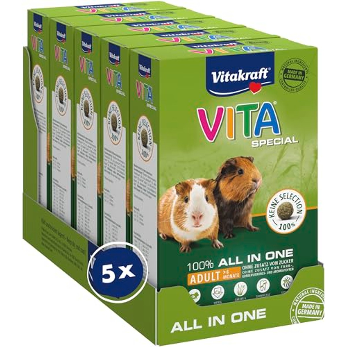Vitakraft Vita Special Adult Cavia's voer, met grassen en kruiden, laag calciumgehalte, voor een gezonde vacht, zonder toegevoegde suiker en granen, 5 x 600 g – Vitakraft