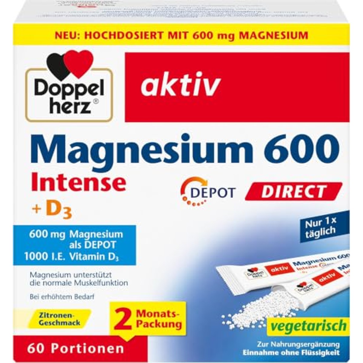 Doppelherz Magnesium 600 Intense + D3 Depot Direct Citroensmaak 60 Porties - 6-pack