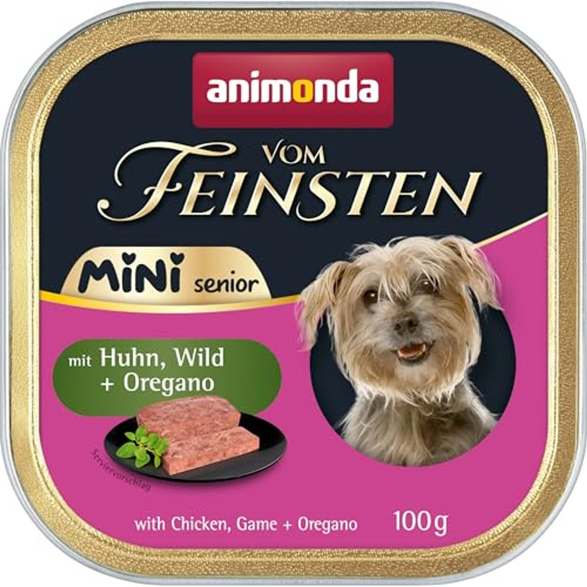 animonda Vom Feinsten Mini Senior hondenvoer met kip en wild (32 x 100 g) | Graanvrij Senior natvoer zonder suiker en soja voor kleine hondenrassen, fijne pasta's, portieschalen à 100 g – animonda Vom Feinsten