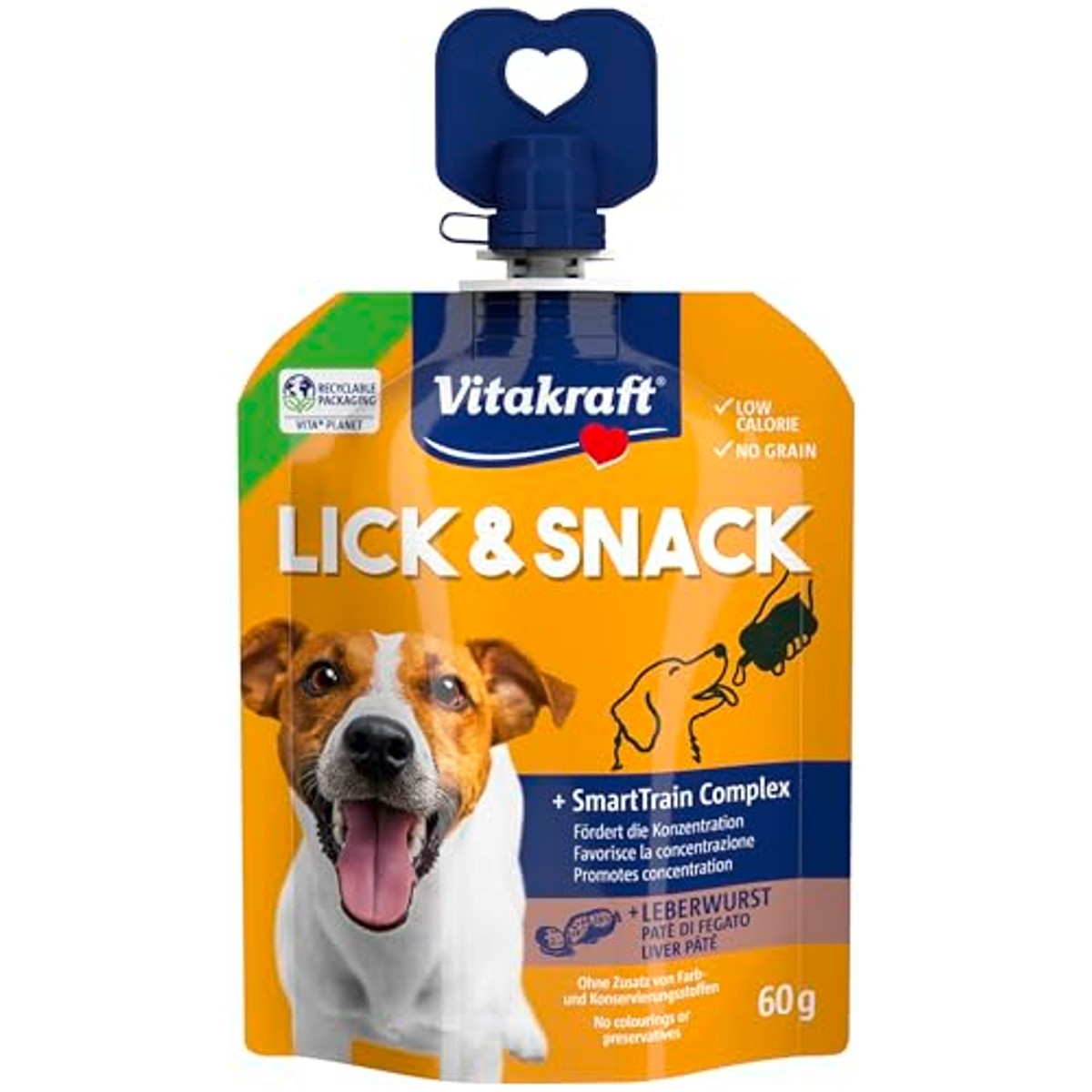 Vitakraft Lick & Snack, zachte trainingscrème in knijpvorm, met leverworst, hersluitbaar, zonder toegevoegde suiker (1 x 60 g) – Vitakraft