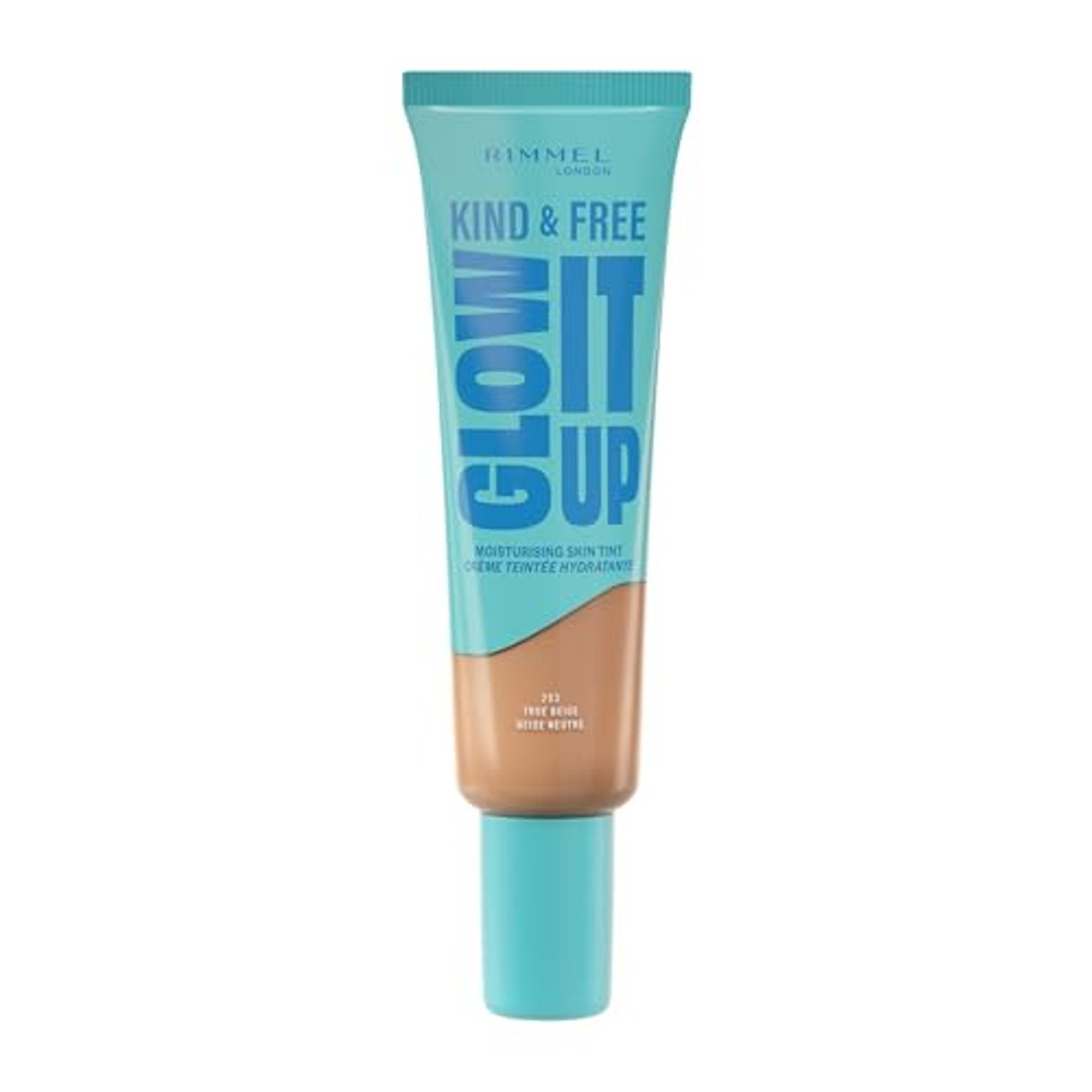 Rimmel London Kind & Free Glow It Up Moisturizing Foundation, 203, True Beige, kalmeert de gevoelige huid, gezonde en stralende teint, hydrateert de hele dag, 30 ml – Rimmel London