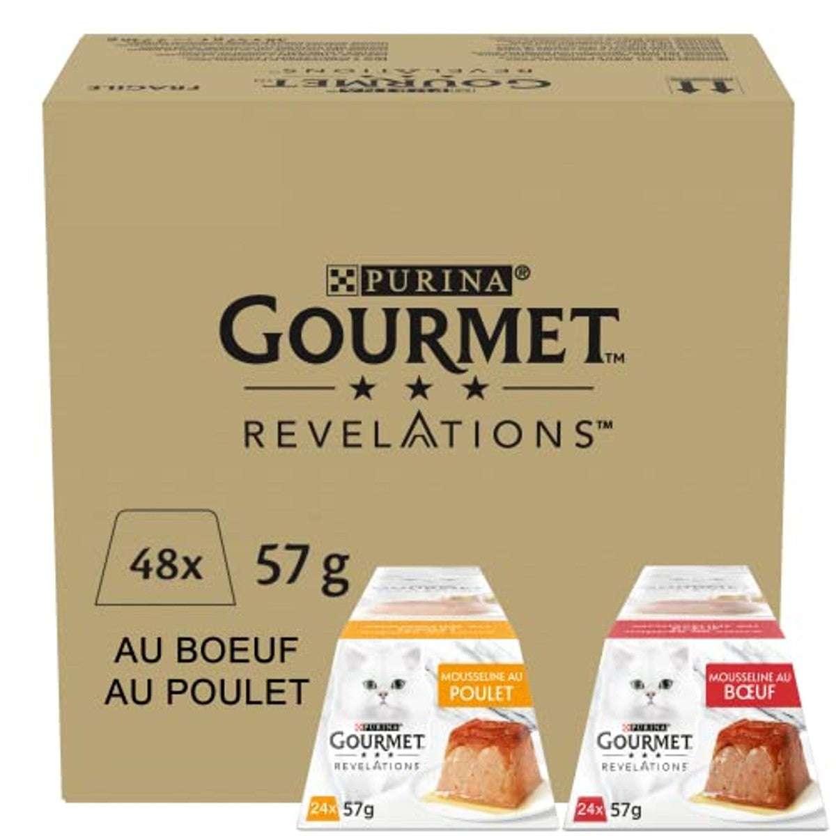 Gourmet Revelations Mousse, nat kattenvoer, kip & rundvlees, 48 stuks (48 x 57 g) – Gourmet