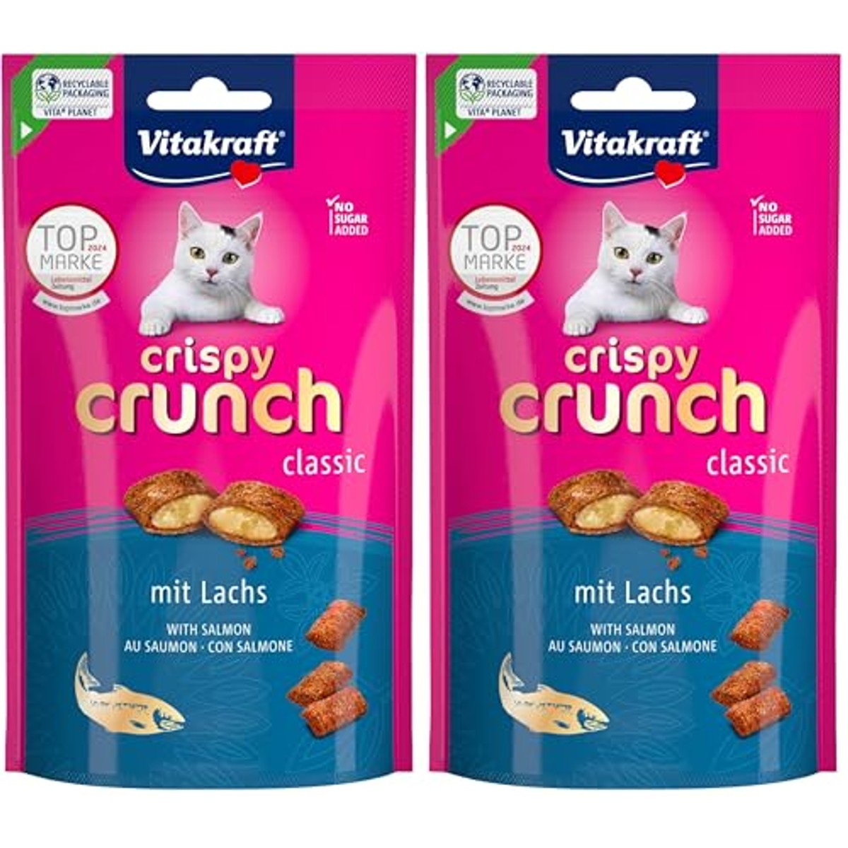 Vitakraft Crispy Crunch Snackkussen Gevuld met Zalm (1 x 60 g, verpakking van 2) - 6-pack