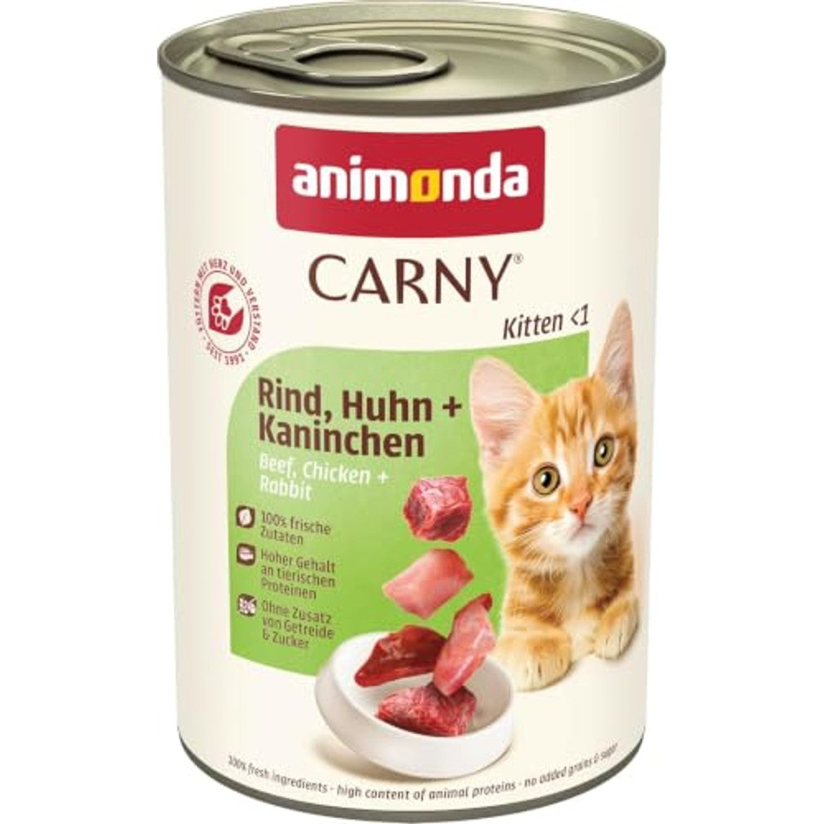 animonda Carny Volwassen katten natvoer rundvlees + kip + konijn (12 x 400 g) | Kitten graanvrij nat kattenvoer zonder suiker voor groeiende kittens tot 1 jaar, met verse ingrediënten – animonda Carny