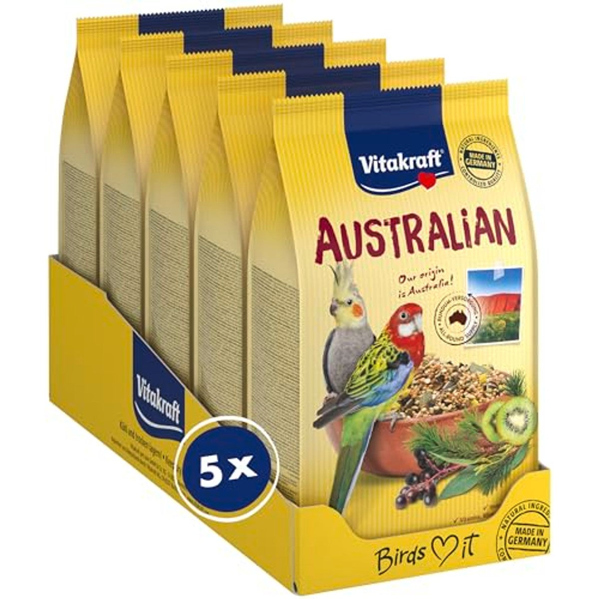 Vitakraft Australian Vogelvoer voor grote parkieten, met vitaminen en mineralen, met maagkiezels ter ondersteuning van de maagfunctie, zonder toevoeging van suiker (5 x 750 g) – Vitakraft