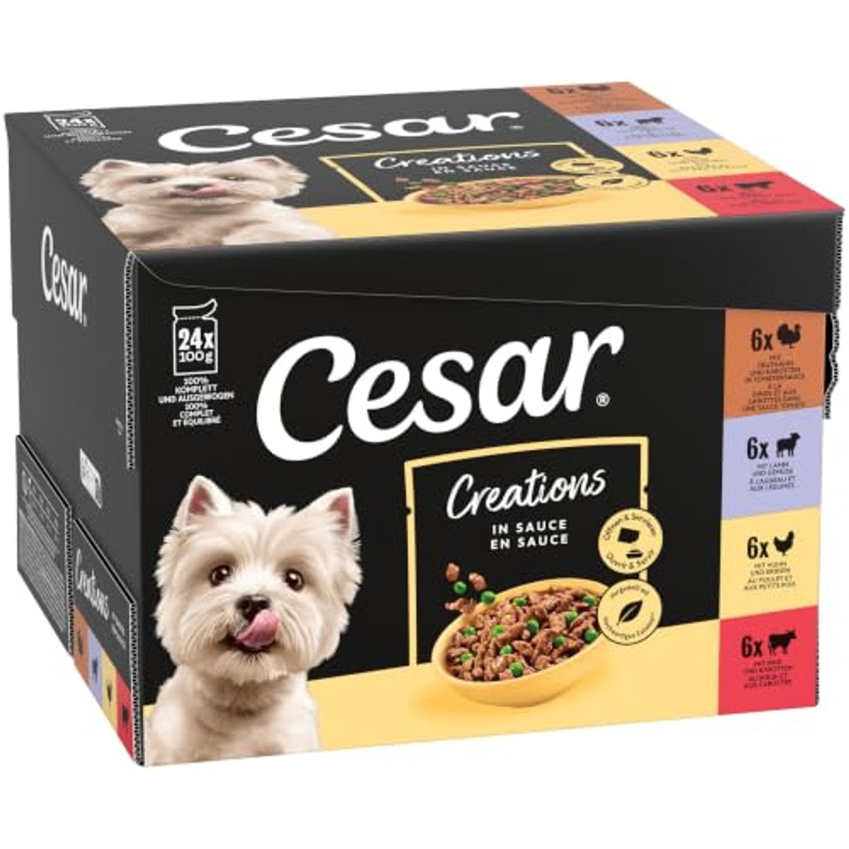 Cesar Creations Adult Multipack 2 x 24 x 100g Portionsbeutel mit Stückchen in Sauce vom Rind & Karotten in Sauce/Huhn & Erbsen/Lamm & Gemüse/Truthahn & Karotten in Tomatensauce – Cesar