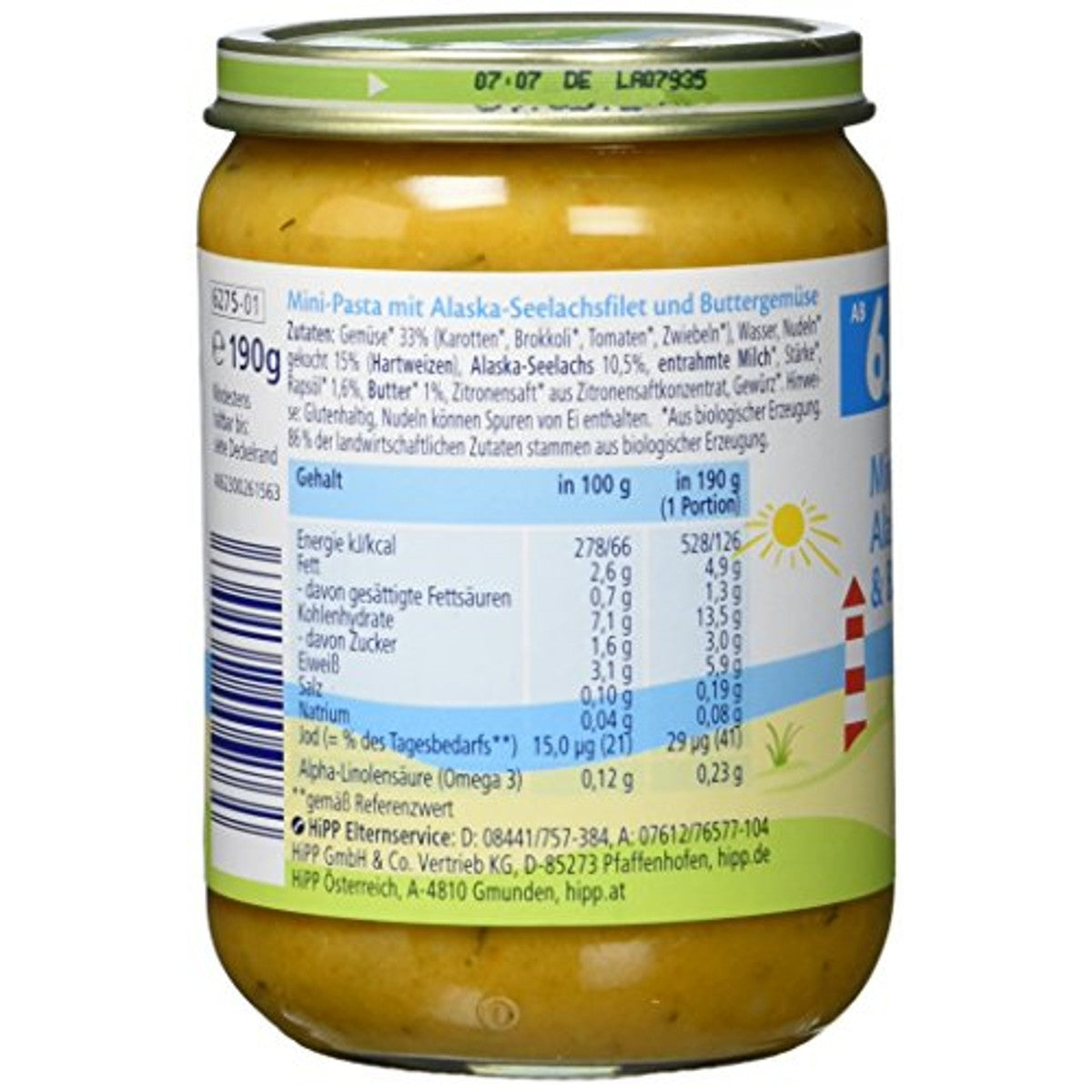 HiPP Mini-pasta met Alaska-zalmfilet en groenten met boter, 6 x 190 g – foto 3