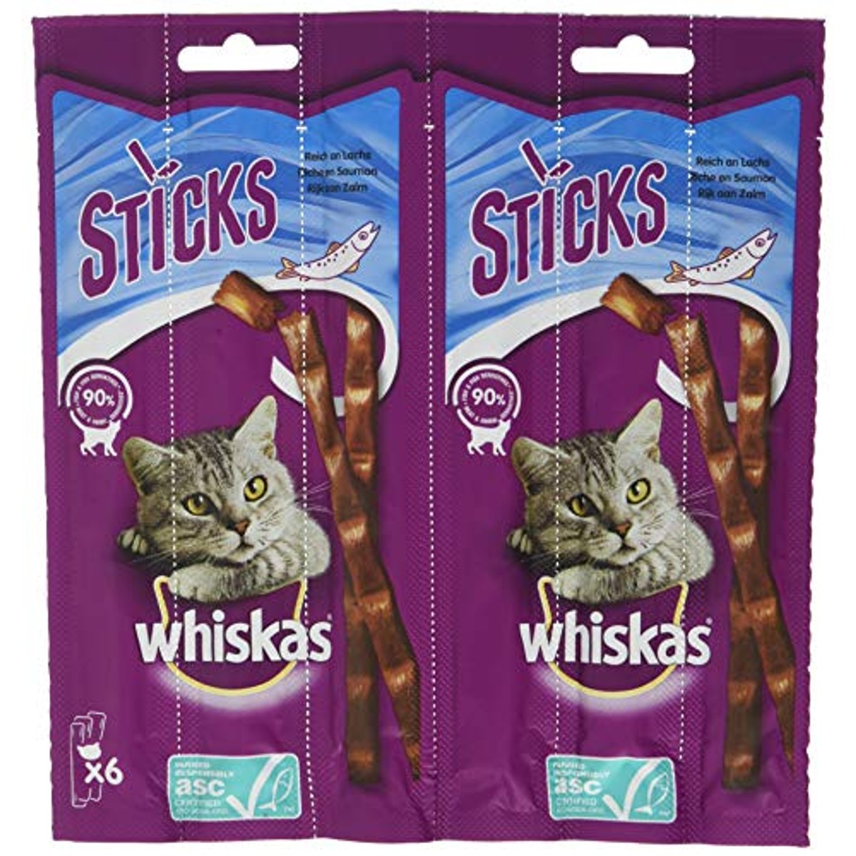 Whiskas Sticks Kattensnack met zalmsmaak, onweerstaanbare smaakervaring, veel vitaminen en mineralen, 14 x 36 g & sticks, kattensnack met kipsmaak, 14 x 36 g – whiskas