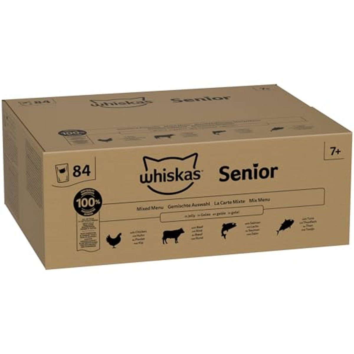 Whiskas Senior 7+ natvoer voor katten, gemengde selectie in gelei, 84 portiezakken, 84 x 85 g (1 grote verpakking), hoogwaardig nat kattenvoer, voor katten vanaf 7 jaar en ouder – whiskas