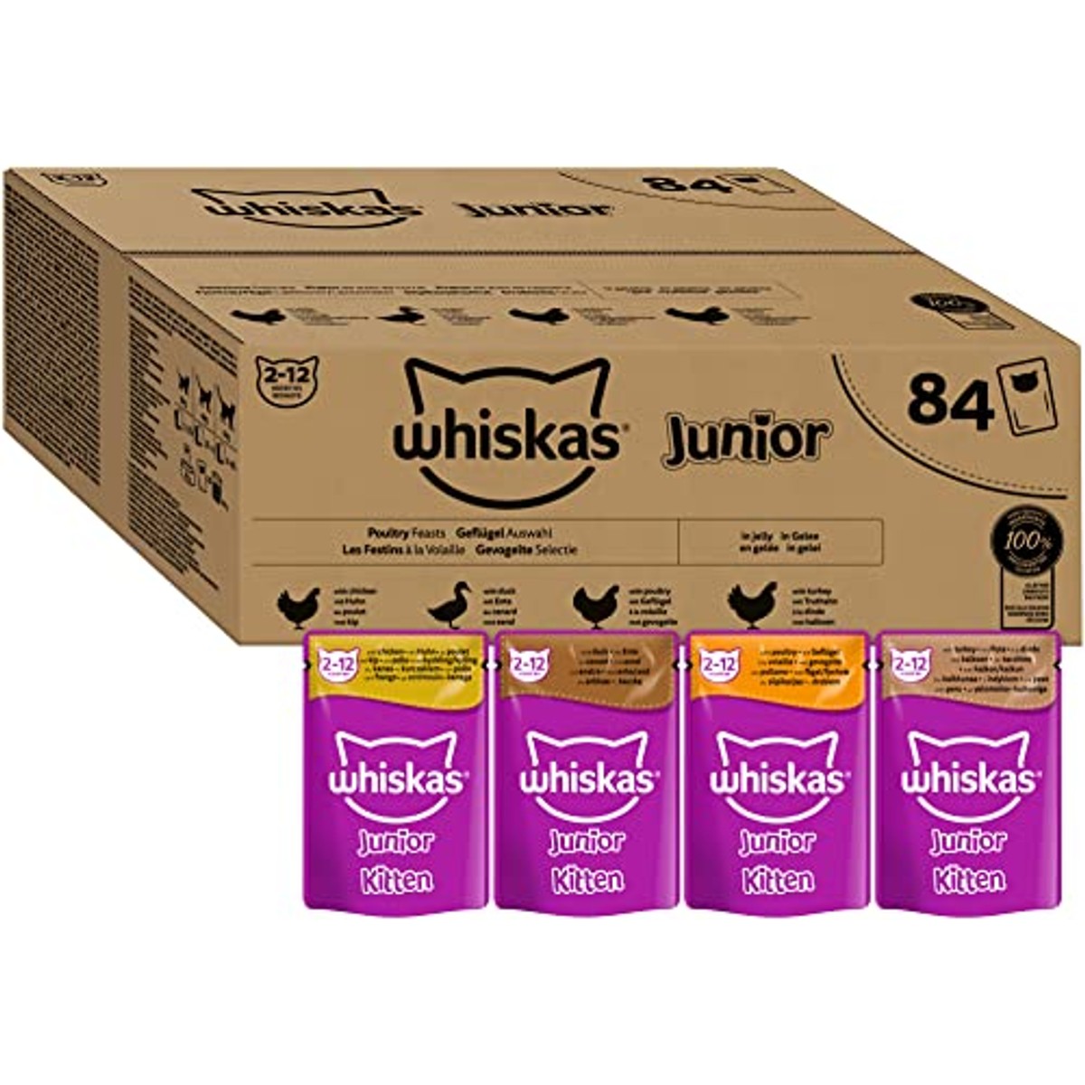 Whiskas Junior Natvoer voor katten, gevogelte, keuze uit gelei, 84 portiezakken, 84 x 85 g (1 grote verpakking) & Adult 1+ natvoer voor katten, gemengde selectie in gelei – whiskas