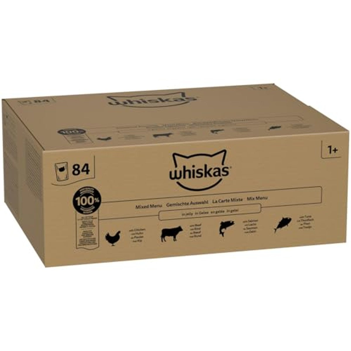 Whiskas Adult 1+ natvoer voor katten, gemengde selectie in gelei, 84 portiezakken, 84 x 85 g (1 grote verpakking), hoogwaardig nat kattenvoer, voor volwassen katten – whiskas