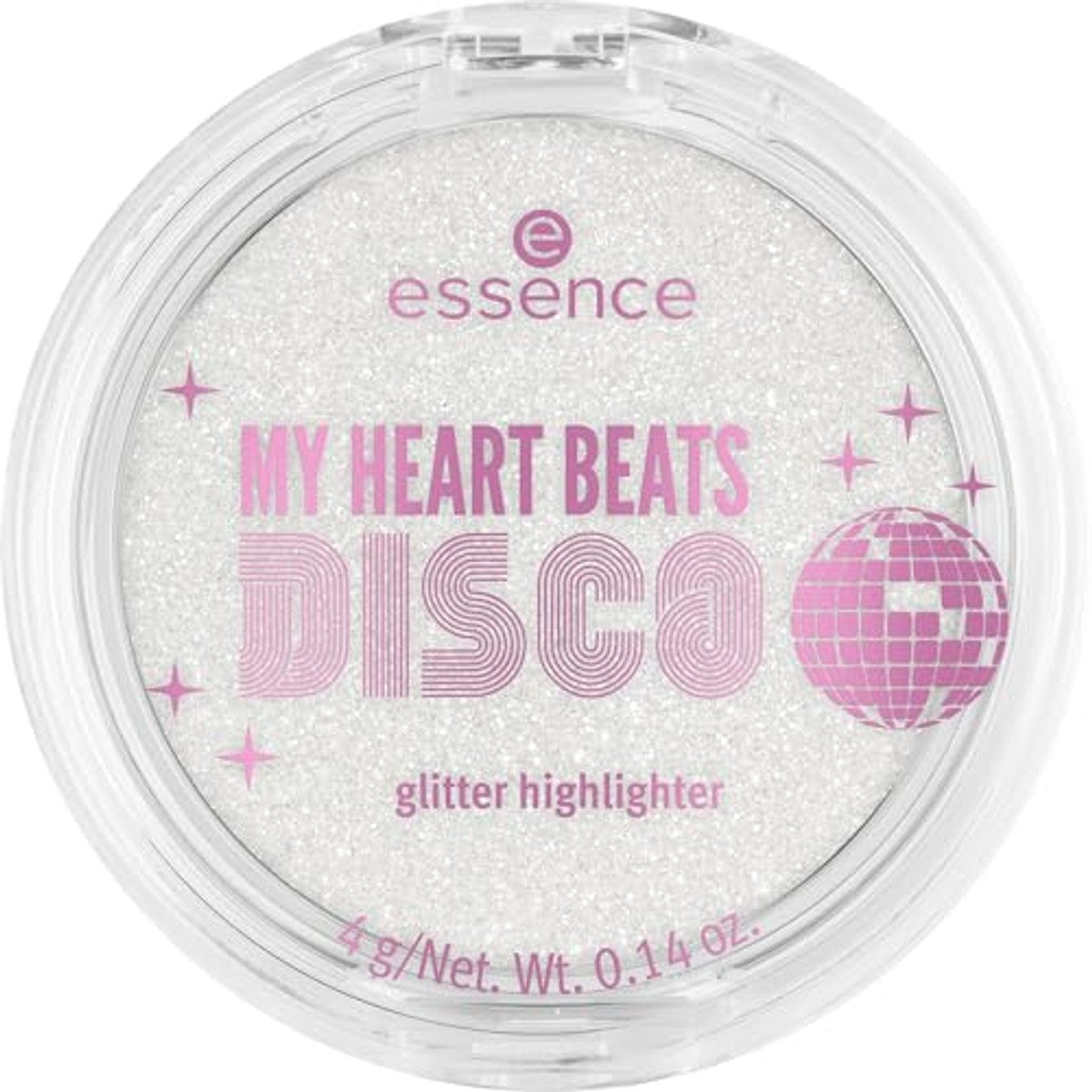 Essence My Heart Beats Disco Glitter Highlighter, nr. 01, zilver, glinsterend, gelig, veganistisch, zonder parfum, zonder alcohol, zonder parabenen, per stuk verpakt (4 g) – Essence Cosmetics