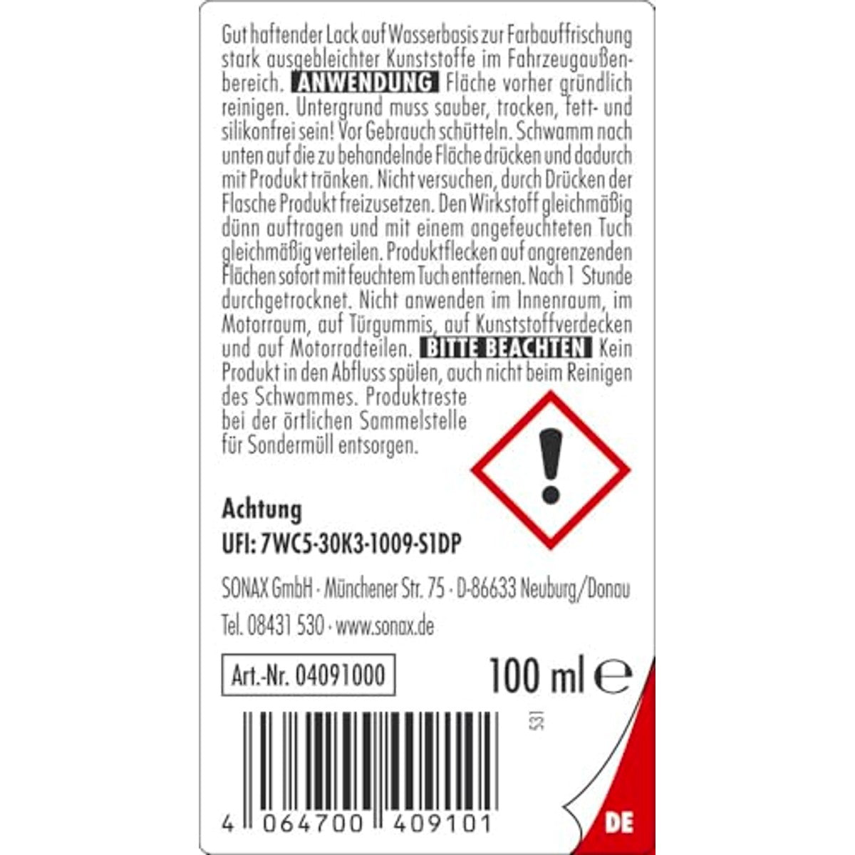 SONAX kunststof, zwart, 100 ml – SONAX