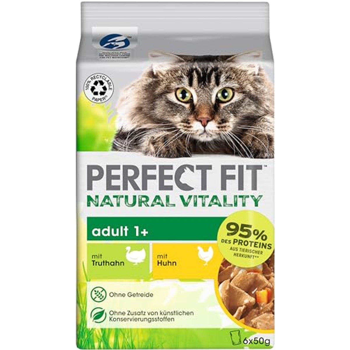 PERFECT FIT Adult 1+ Premium kattenvoer nat, 36 x 50 g portiezak, met kip en kalkoen, natvoer voor katten, zonder granen – Perfect Fit