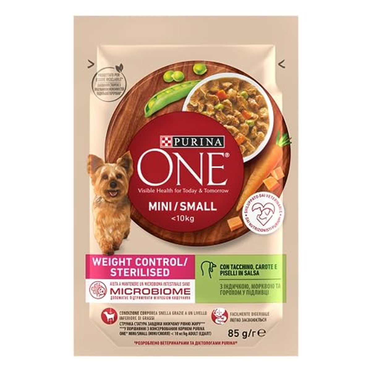 Purina One Mini-gewichtscontrole voor honden, kalkoen, wortels en erwten, 26 zakjes à 85 g | Natvoer voor volwassen honden < 10 kg voor gewichtscontrole met kalkoen, wortels en erwten – PURINA ONE