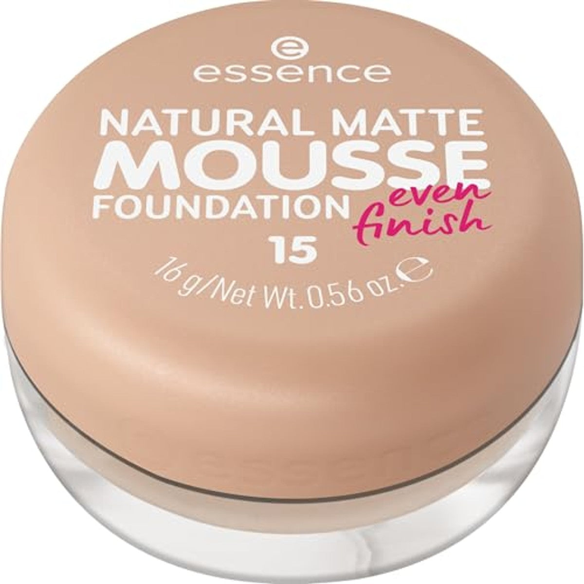 essence NATURAL MATTE MOUSSE FOUNDATION Nr. 15, nude, matterend, dekkend, expresresultaat, mat, veganistisch, zonder parfum, zonder alcohol, zonder conserveringsmiddelen, per stuk verpakt (16g) – Essence Cosmetics