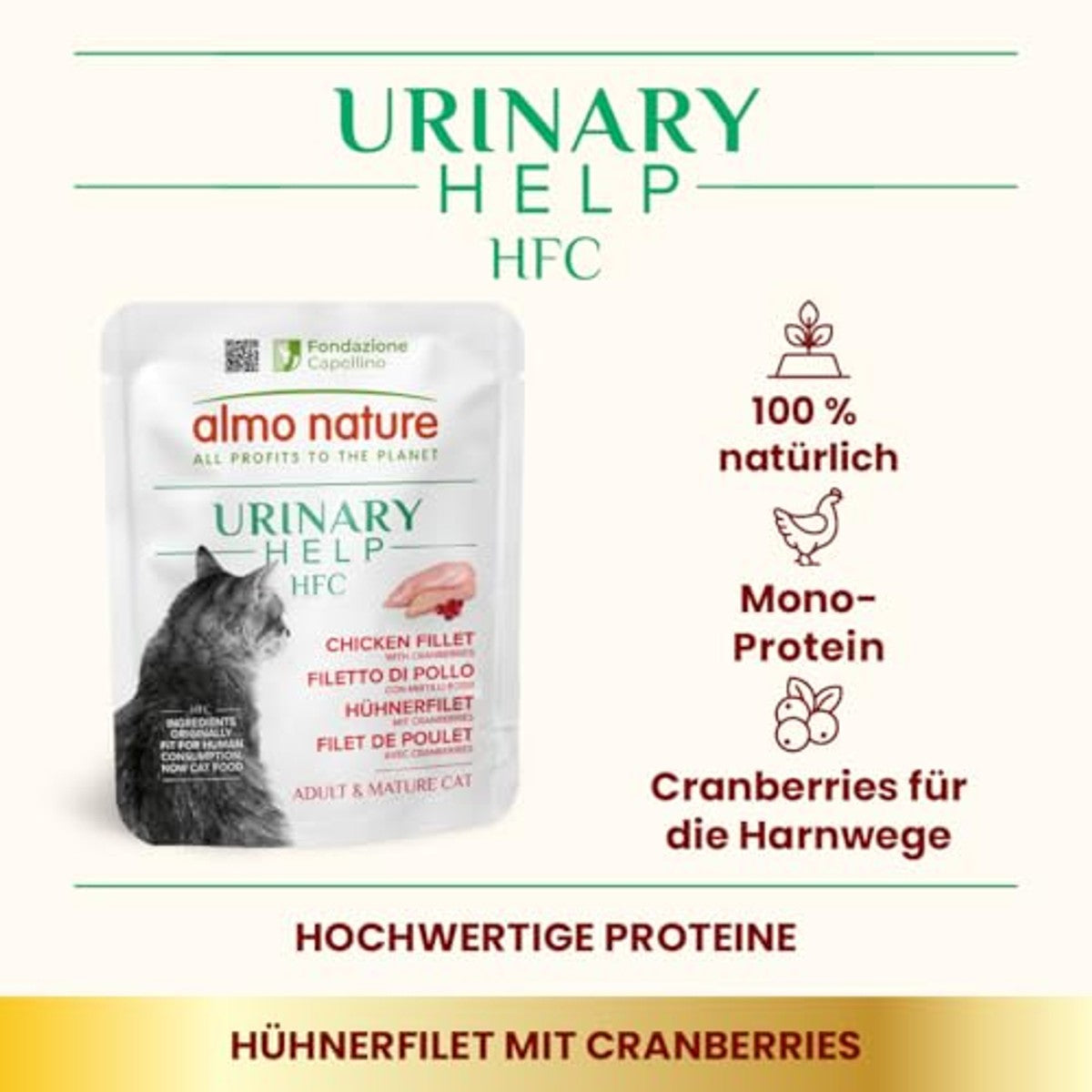 Almo Nature HFC Urinary Help Natvoer voor katten, ondersteuning voor de urinewegen, kippenfilet en veenbessen, Human Grade, monoproteïne, glutenvrij, 24 x 50 g – almo nature