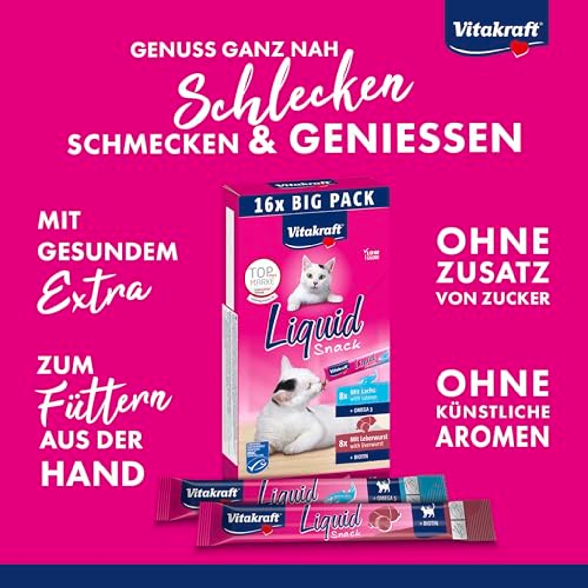 Vitakraft Vloeibare snack, kattenlekkernijen, kattensnack, romig, met leverworst en biotine, met zalm en omega 3, in afzonderlijke zakjes, 1 voorraadverpakking (16 x 15 g) – Vitakraft