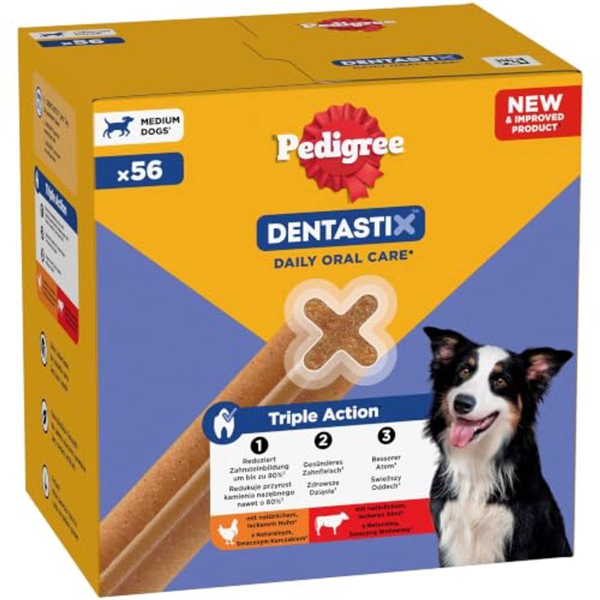 Pedigree DentaStix Hondensnack voor middelgrote honden (10-25 kg), tandverzorgingssnack met kip en rundvlees, 1 verpakking van 56 stuks (1 x 1,44 kg) – Pedigree