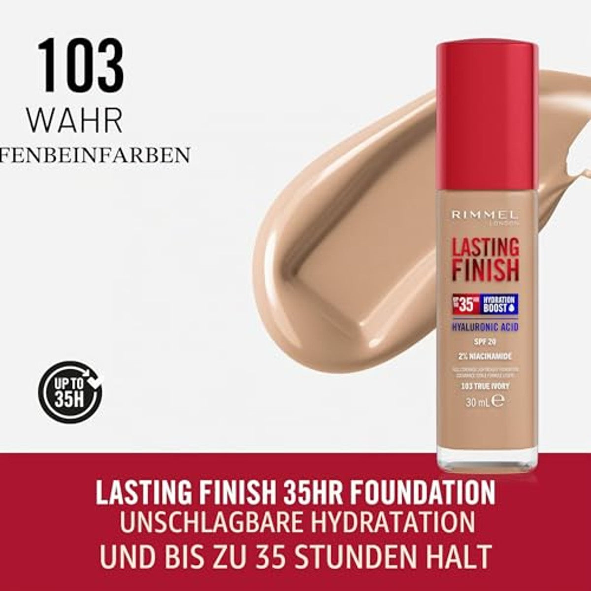 Rimmel London Lasting Finish tot 35 uur, 103 True Ivory, foundation, langdurig, hydraterend, veganistische formule, volledige dekking, 30 ml – Rimmel London