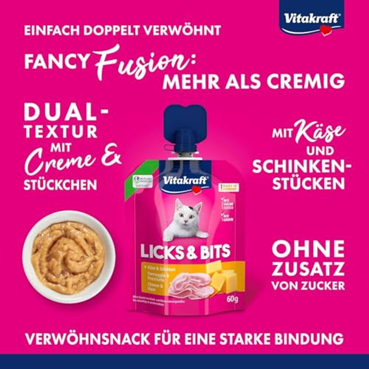 Vitakraft Licks & Bits, zachte crème met stukjes in knijpvorm, met kaas, hersluitbaar, zonder toegevoegde suiker (1 x 60 g) – Vitakraft