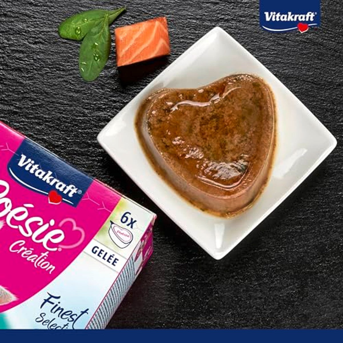 Vitakraft Poésie Création, Finest Selection, natvoer voor katten, natvoer voor katten, gelei, met zalm en spinazie, met wild in cranberry gelei, zonder toevoeging van suiker en granen (1 pakket van 6 – Vitakraft