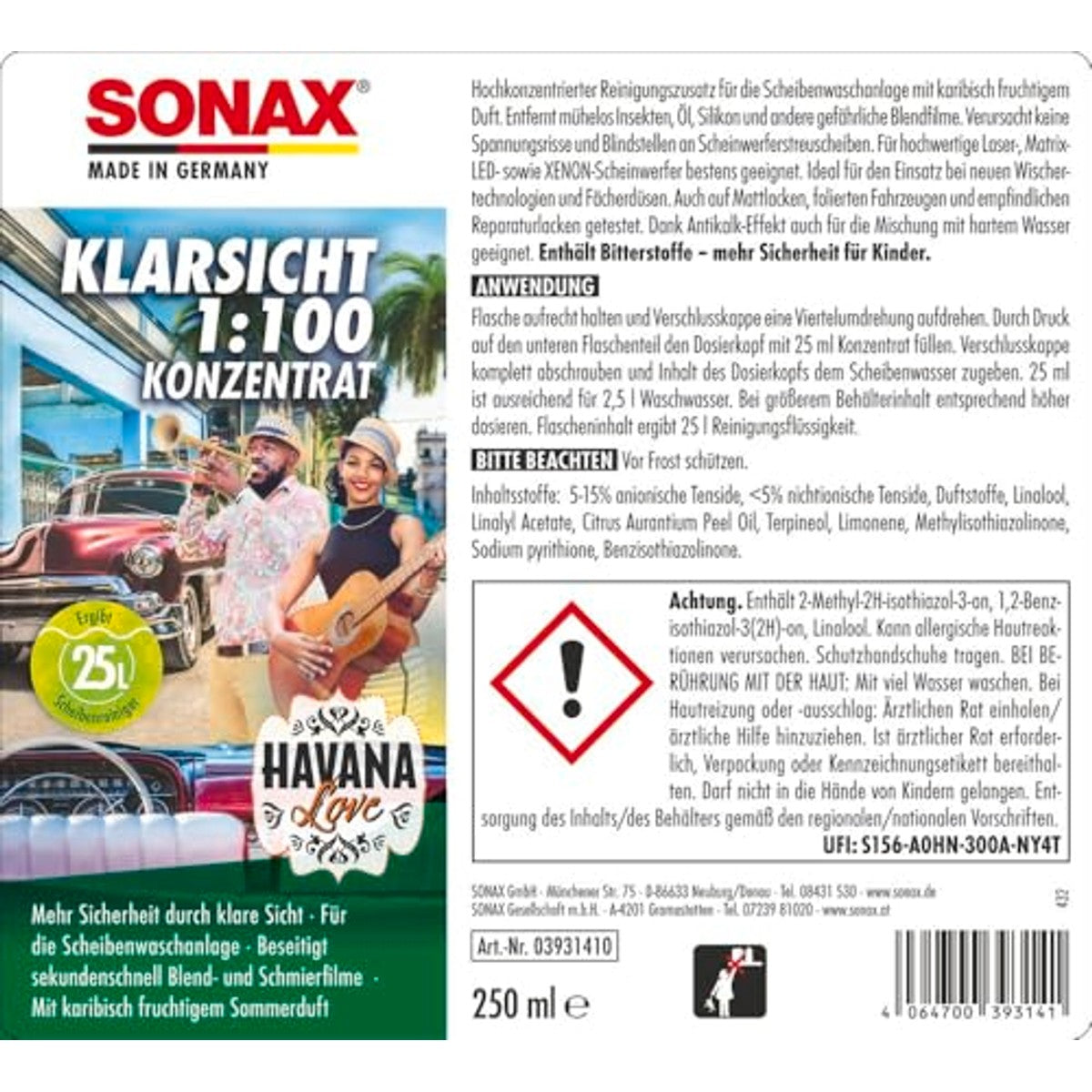 SONAX KlarSicht 1:100 Concentraat Havana Love 3 x 250 ml - Voordeelverpakking