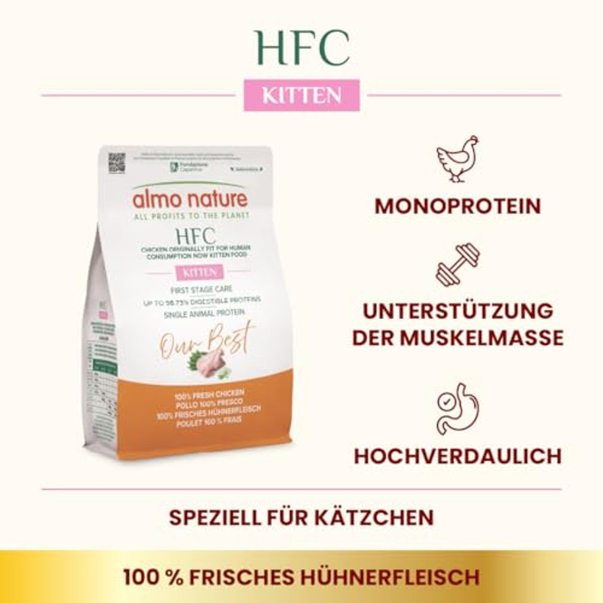 Almo Nature HFC Our Best - Kitten - droogvoer voor kittens - verse kip - voor evenwichtige groei, levensmiddelenkwaliteit, glutenvrij, monoproteïne - 300 g – almo nature