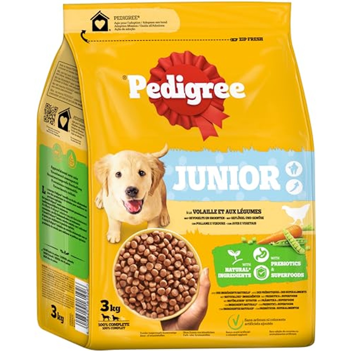 Pedigree Junior droogvoer voor honden, voor puppy's met gevogelte en groenten, 3 x 3 kg – Pedigree