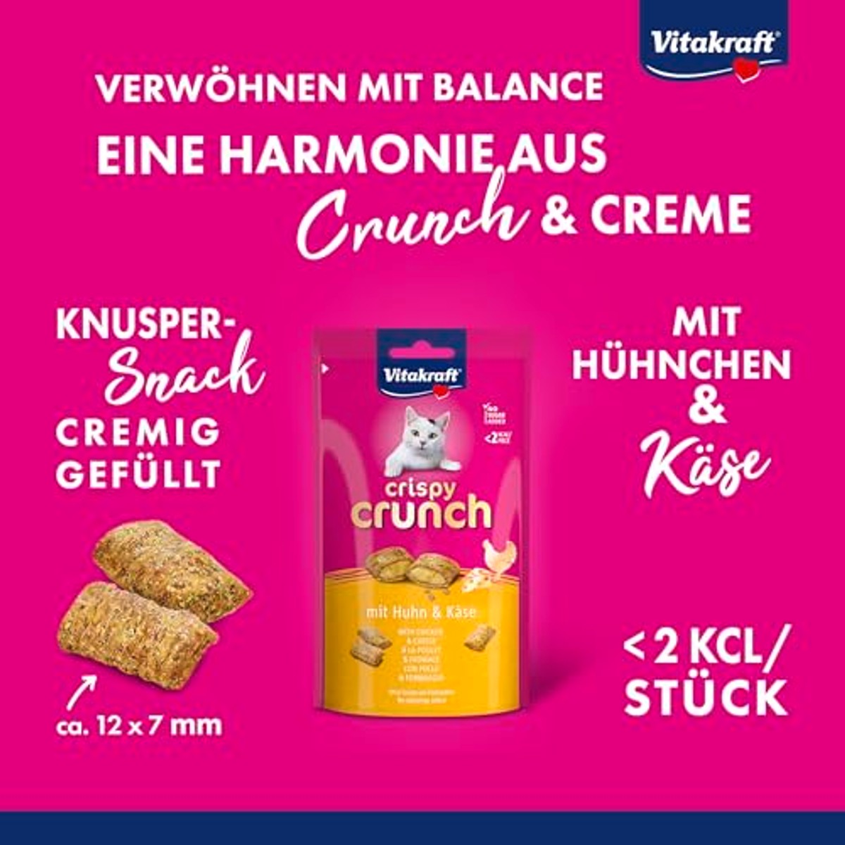 Vitakraft Crispy Crunch, kattenlekkernijen, knapperige kattensnack gevuld met kip en kaas, in hersluitbare zak, zonder toevoeging van suiker (1 x 60 g) – Vitakraft