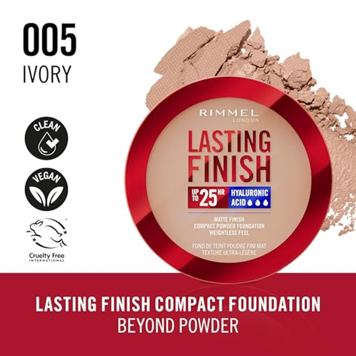 Rimmel London, Duurzame Finish 005 Ivory Compact Foundation, Finish Soft Focus, matte afwerking, volledige dekking, SPF20, veganistische formule, 7 g – Rimmel London