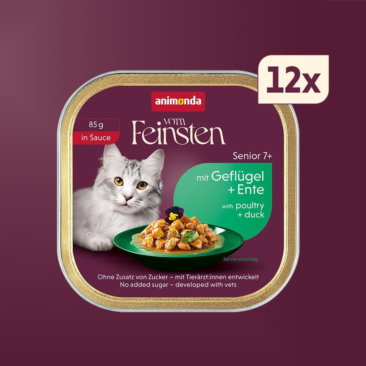 animonda vom Feinsten Senior kattenvoer gevogelte + eend in saus (12 x 85 g) | Natvoer voor oudere katten vanaf 7 jaar, kattenvoer nat in saus zonder suiker, portieschaal van 85 g – animonda Vom Feinsten