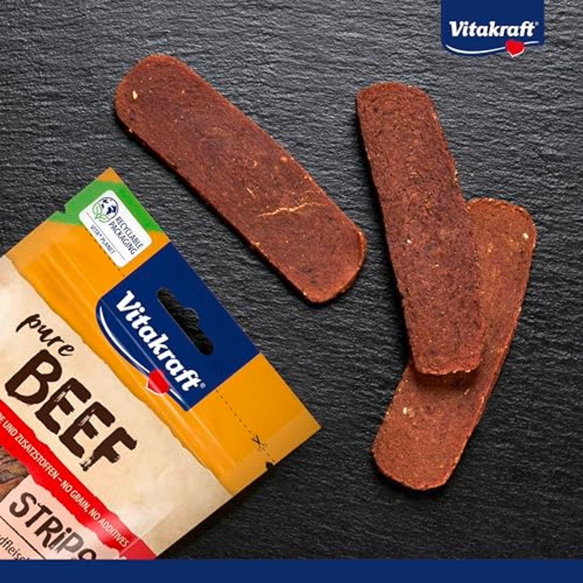 Vitakraft Pure Beef Strips, hondenlekkernijen, rundvleesstrips, hondentrainingslekkernijen, zonder toegevoegde suiker (10 x 80 g) – Vitakraft
