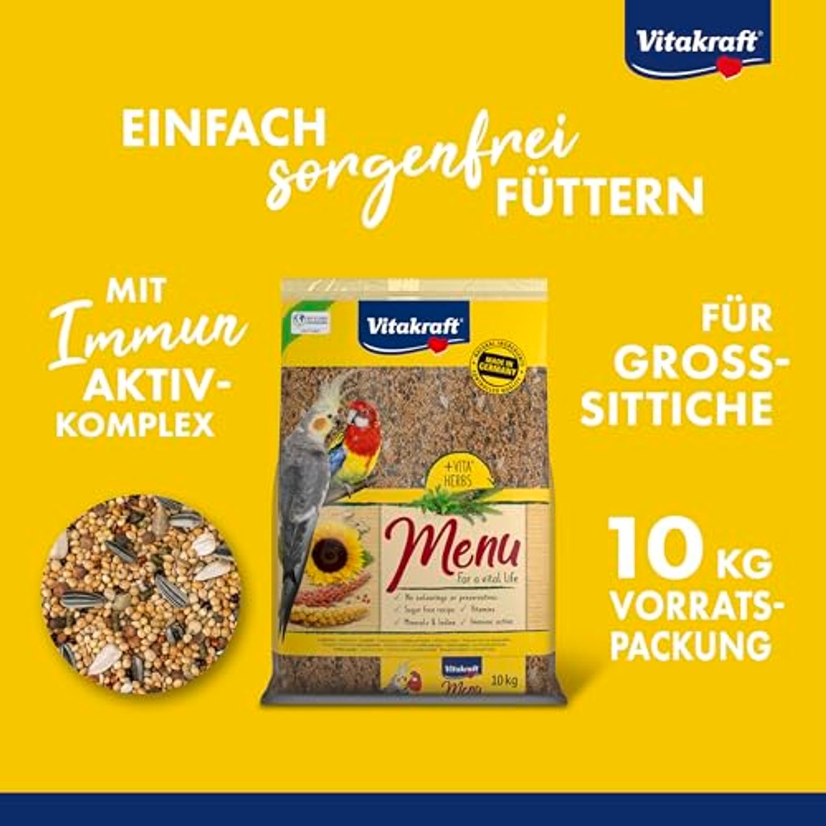 Vitakraft Menu 10 kg, hoofdvoer voor grote parkieten, met vitaminen, met immuun-actief complex en kruiden (1 x 10 kg) – Vitakraft