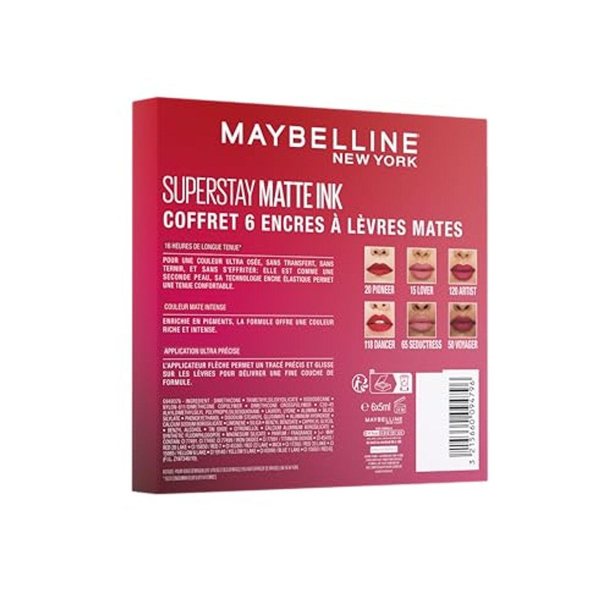 Maybelline New York - Set van 6 vloeibare lippenstiften, langdurig, Superstay Matte Ink - Kleuren: Lover (15)/Seductress (65)/Artist (120)/Dancer (118)/Pioneer (20)/Voyager (50), 6 stuks (1 stuk) – MAYBELLINE