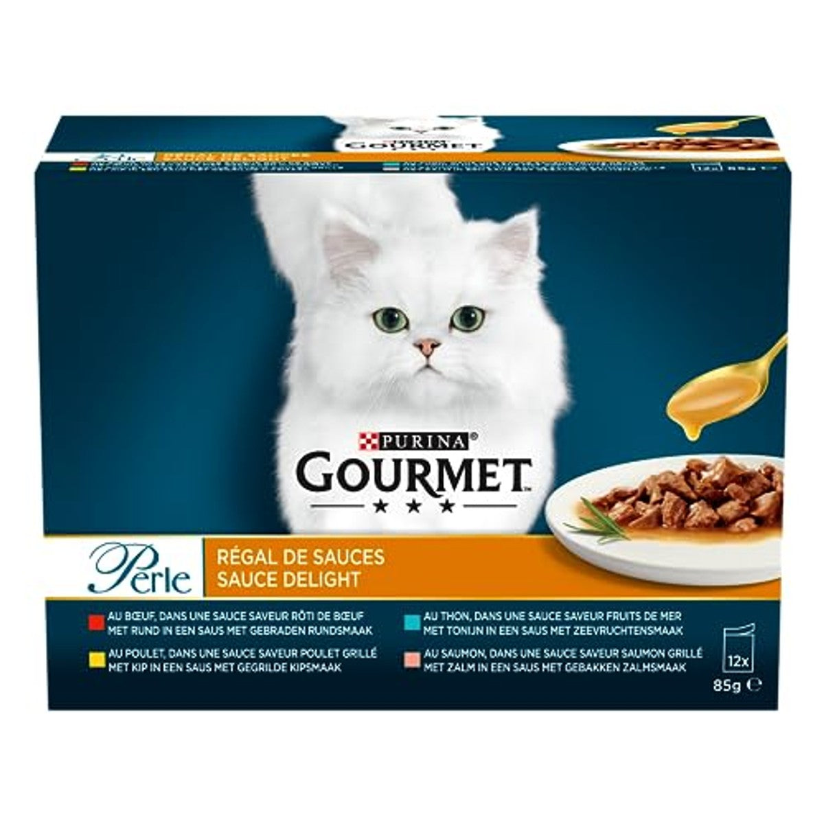 Gourmet Parel | sauzenrek | volwassen kat | rundvlees, kip, tonijn, zalm | 12 x 85 g | vershoudzak (verpakking kan variëren) – Gourmet