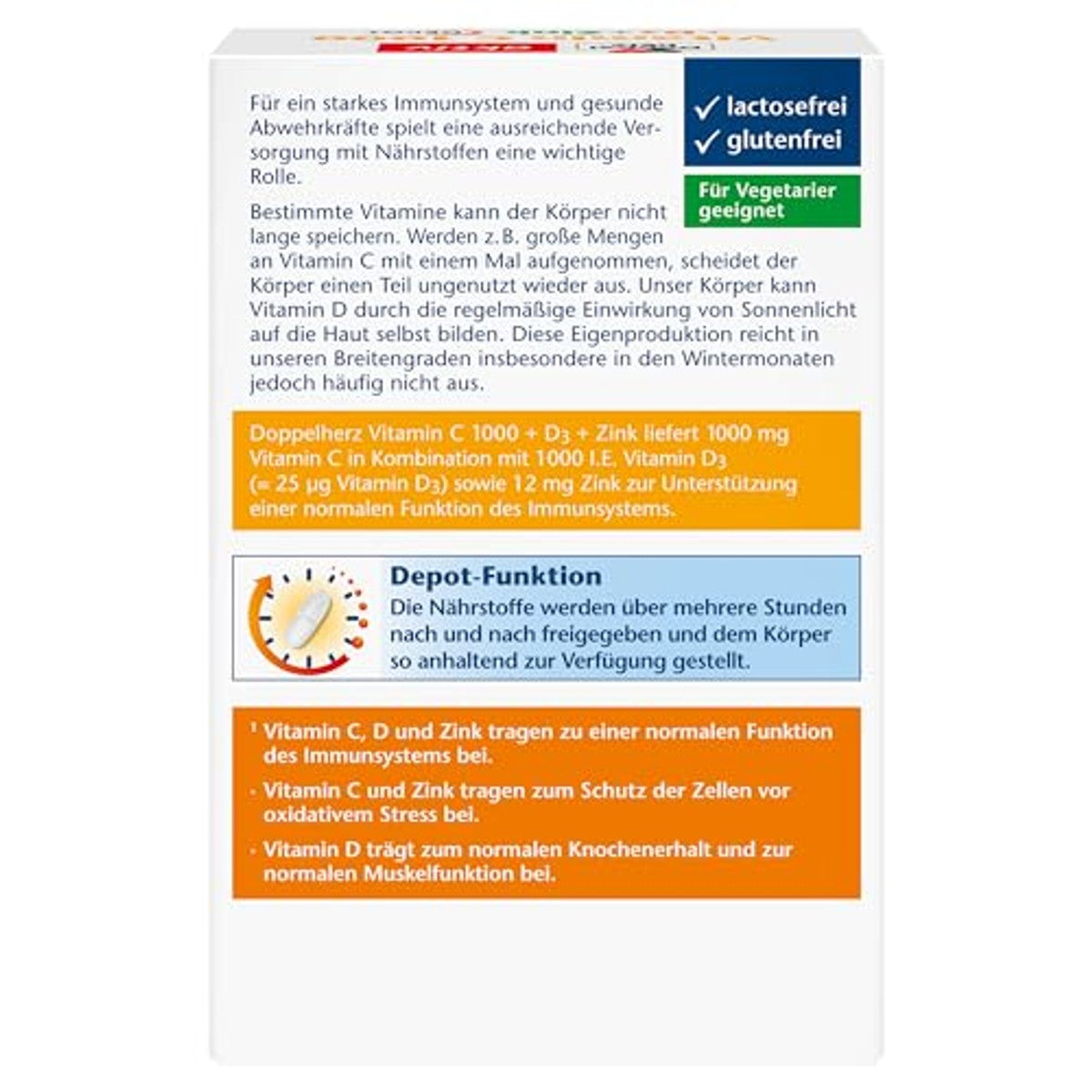 Doppelherz Vitamine C 1000 + D3 + zink - Hoge dosis vitamine C en vitamine D ter ondersteuning van het immuunsysteem en ter bescherming van de cellen - 100 DEPOT-tabletten (verpakking van 2) – Doppelherz