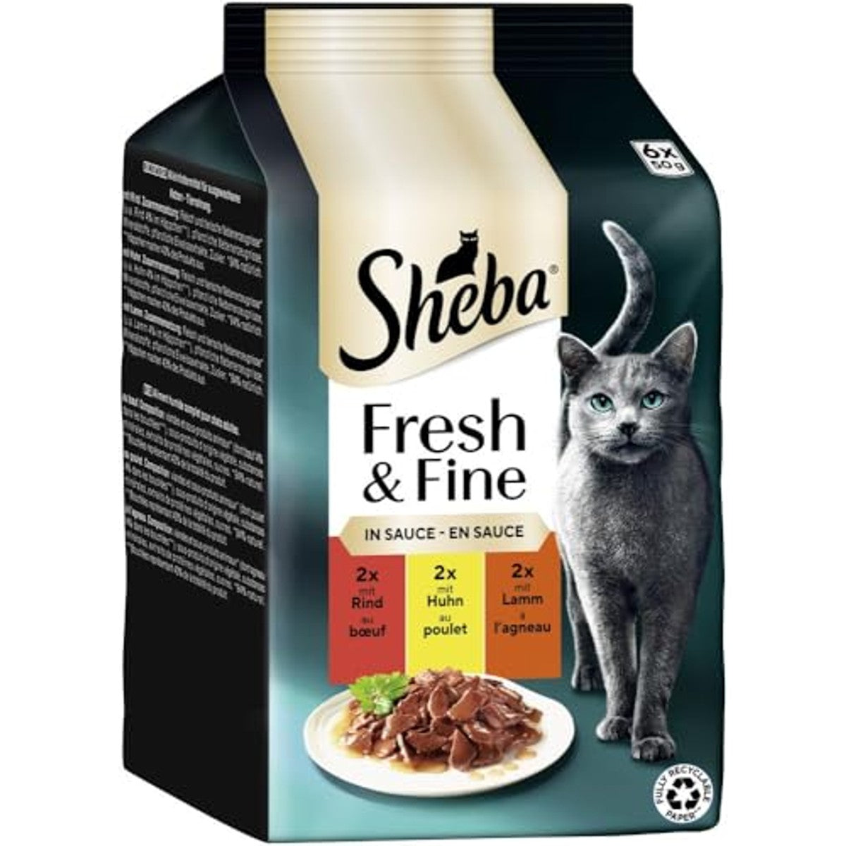 SHEBA Portiezakjes nat kattenvoer Multipack Fresh & Fine in saus met rundvlees en kip, 6 x 6 x 50 g - premium kattenvoer in saus, ideaal voor je kat – Sheba