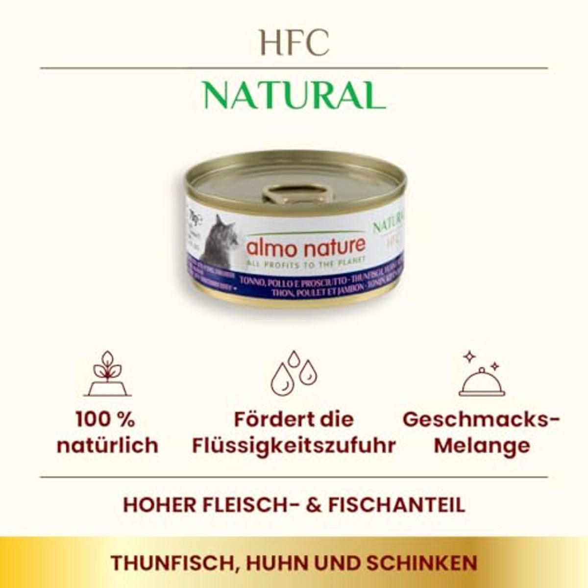 Almo Nature HFC Natural Natvoer voor Katten Tonijn, Kip en Ham 24 x 70 g - 6-pack