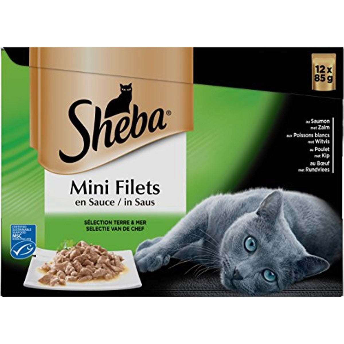 Sheba Mini kattennet voor volwassen katten, nat voer voor katten, keuze uit aarde en zee, vershoudzak, 48 x 85 g – Sheba